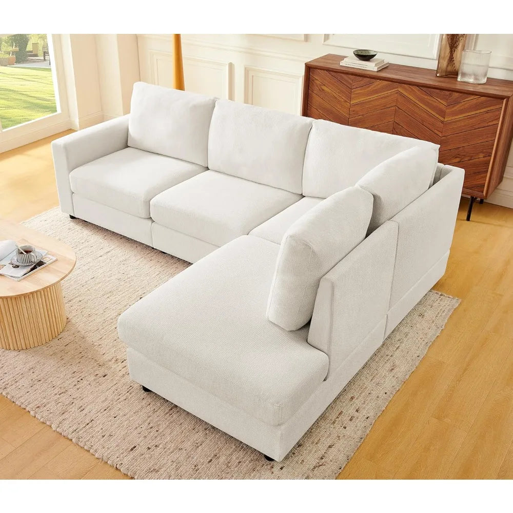 100" L Shaped Sectional Couch with Chaise, Modern Beige Sectional Couches for Living Room, Comfy Chenille 4-Seater Corner Sofa