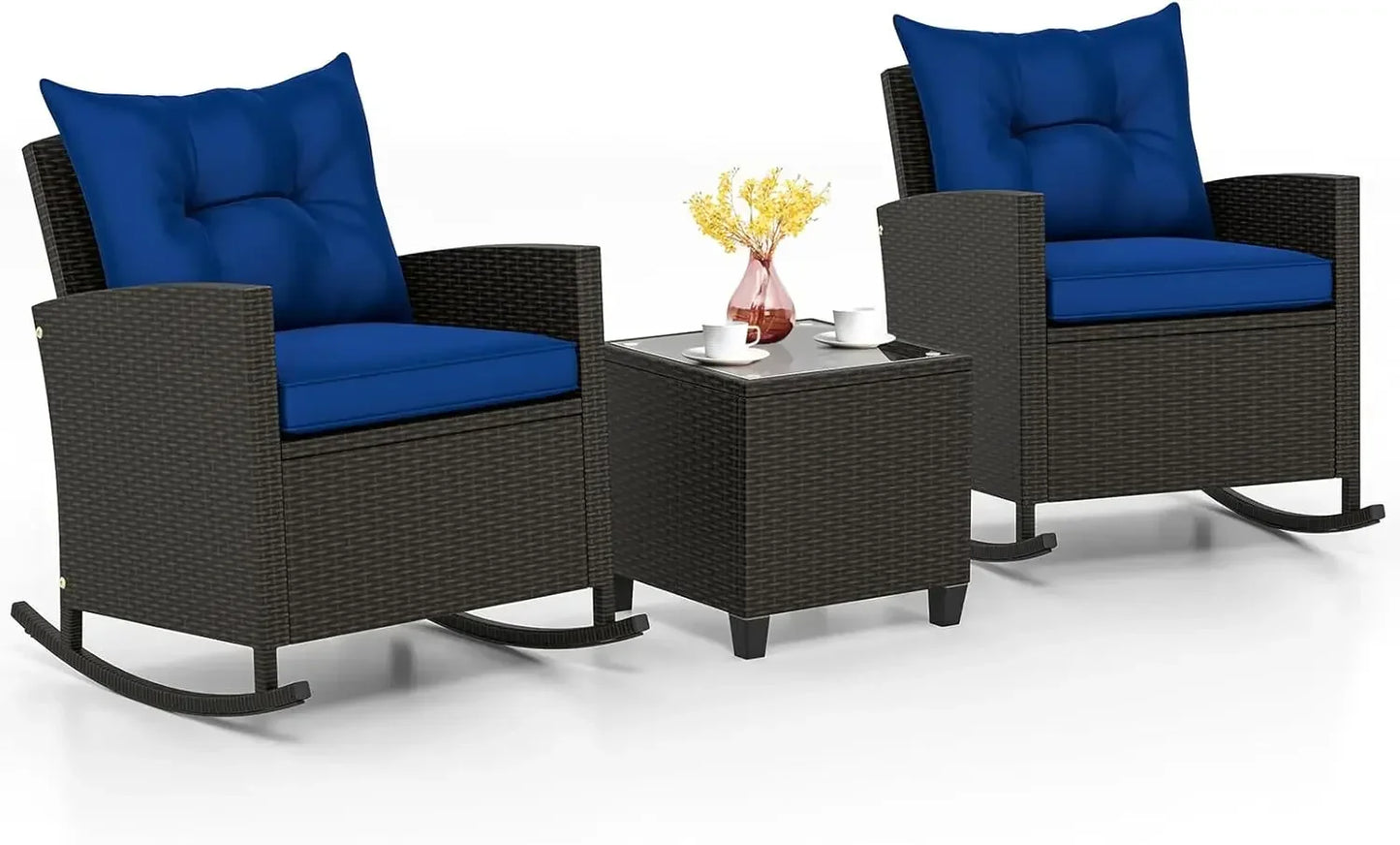 3 Piece Patio Furniture Rocking Bistro Set, Wicker Outdoor Rocking Chairs & Glass Table, PE Rattan Conversation Set