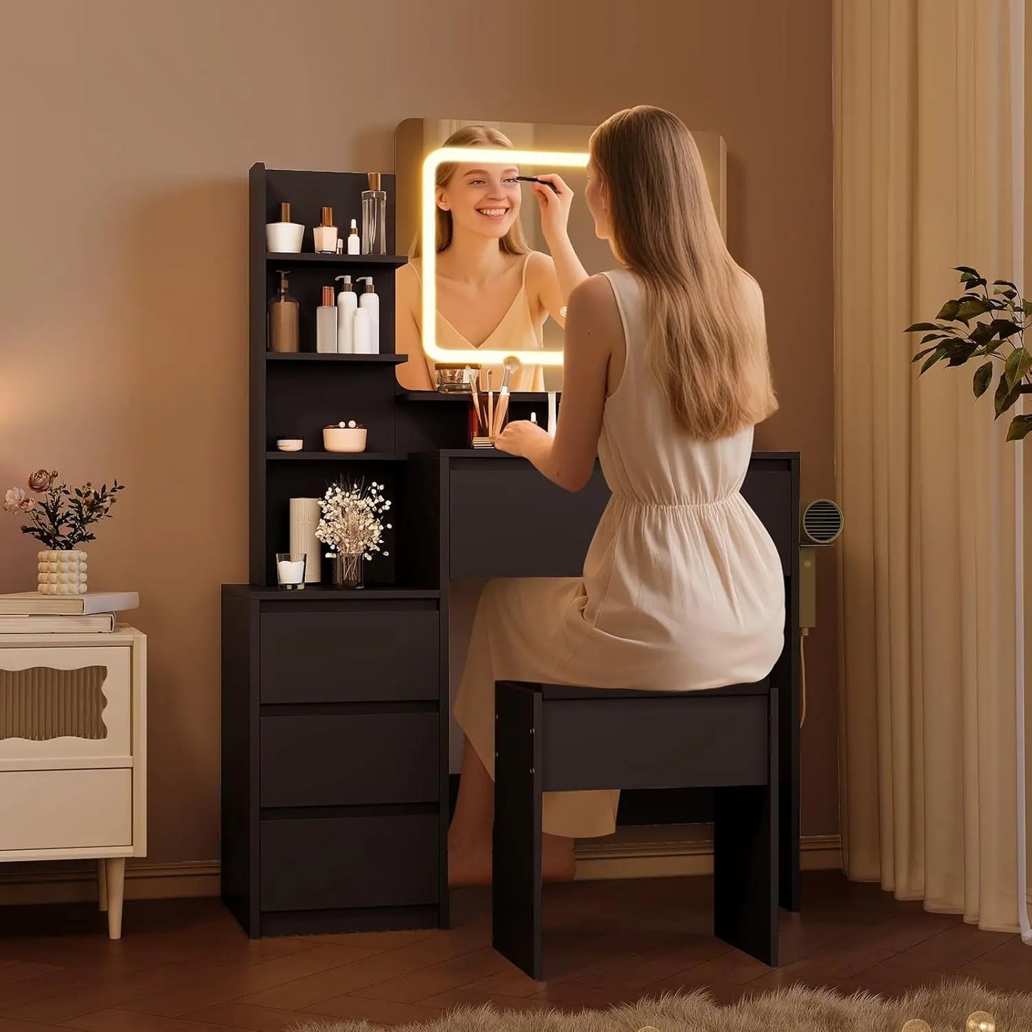 Vanity Desk with Mirror and Lights, Makeup Vanity with Adjustable Lights, Power Outlet & Storage Dressing Table with Mirror