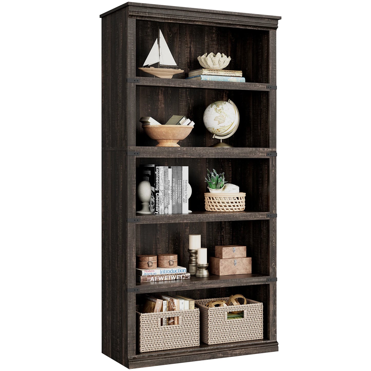 5 Tier Bookcase, Farmhouse Book 3-5 Shelf with Storage Open Display Bookshelves, Home Decor Furniture for Home Office, Bed Room