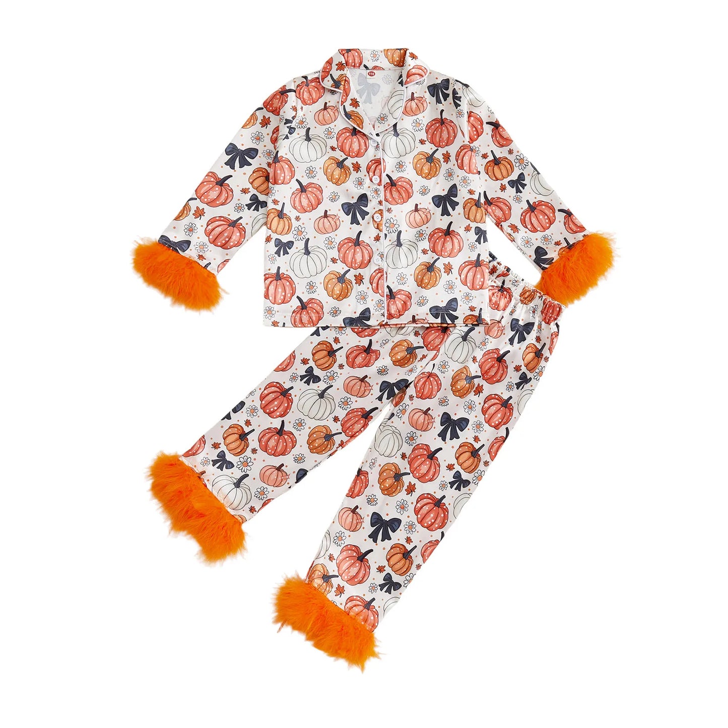 Women s Halloween Pajama Set with Fuzzy Cuffs and Ghost Print Cozy Button-Up Top and Elastic Waist Pants for Sleepwear and