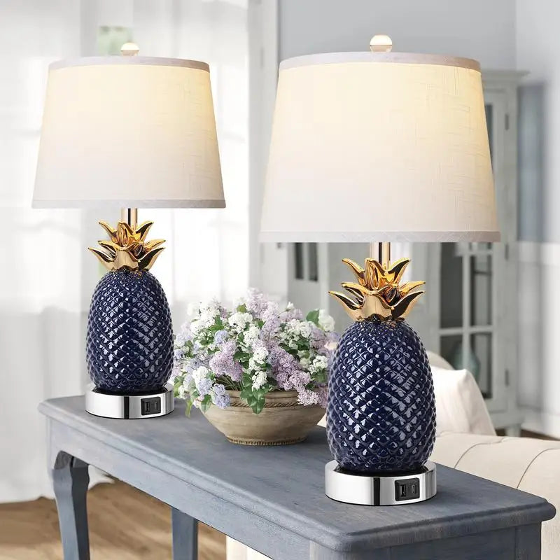 22" Pineapple Table Lamps Set of 2, 3-Way Dimmable Ceramic Lamps for Living Room, Navy Blue Modern Design with USB Port, Tall