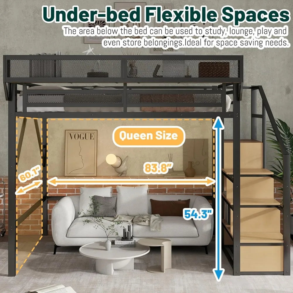 Queen Loft Bed with Stairs, Metal Loft Beds Queen Size with Storage Shelves, Adults Loft Bed with Wardrobe