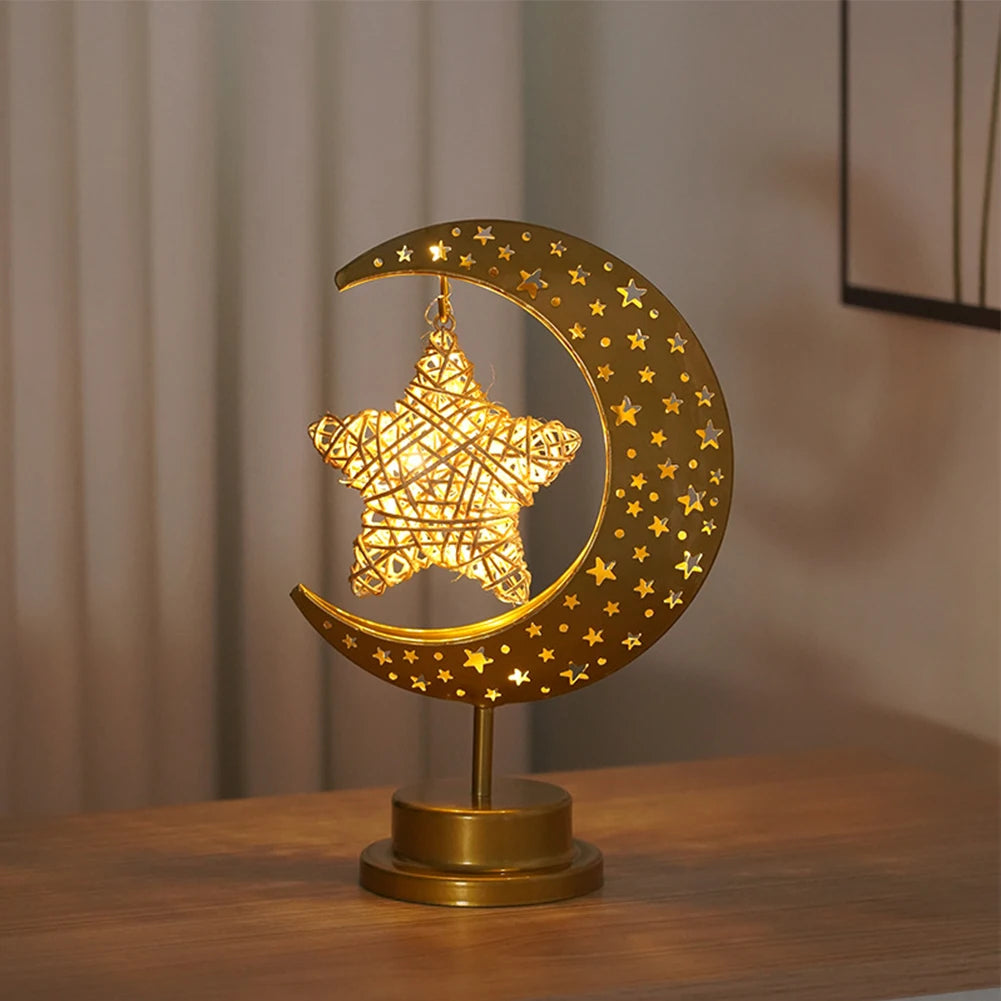 LED Night Light Metal LED Star Moon Light Battery Operated Star Table Lamp Office & Home Decor Eid Mubarak Star Moon Light