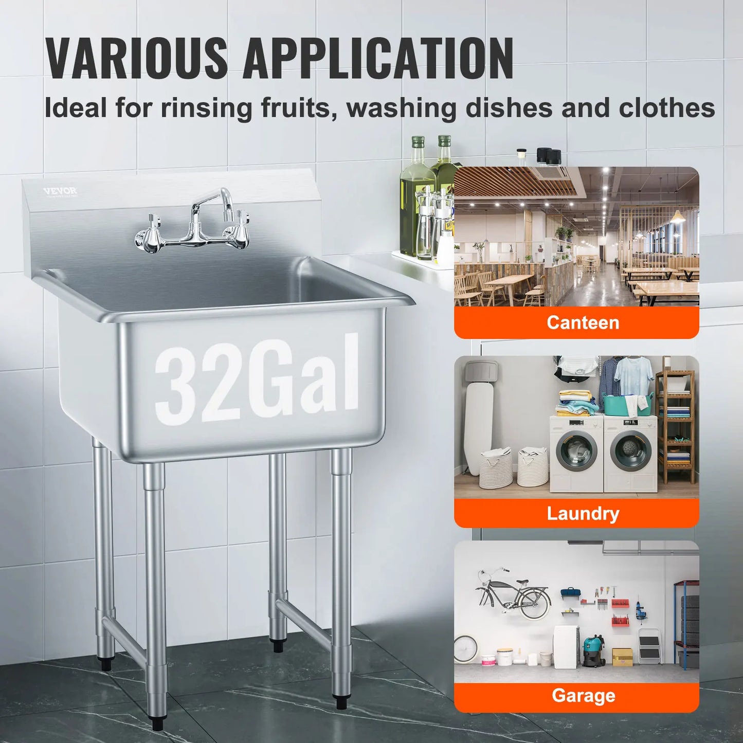 SucceBuy Stainless Steel Kitchen Prep & Utility Sink 1 Compartment Restaurant Commercial Steel Sink w/Faucet for Restaurant Home