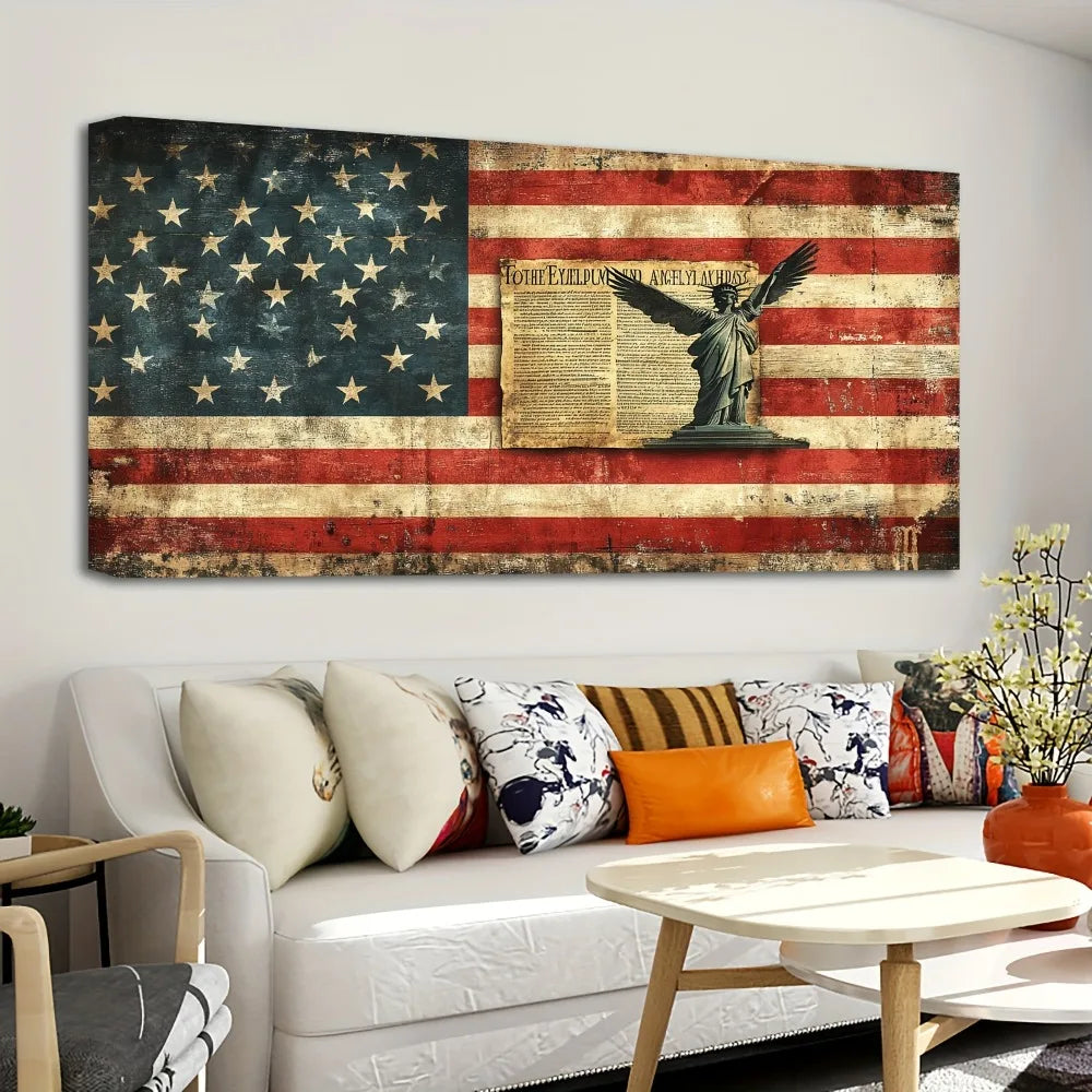 American Flag Canvas Wall Art in Pine Frame Vintage Finish