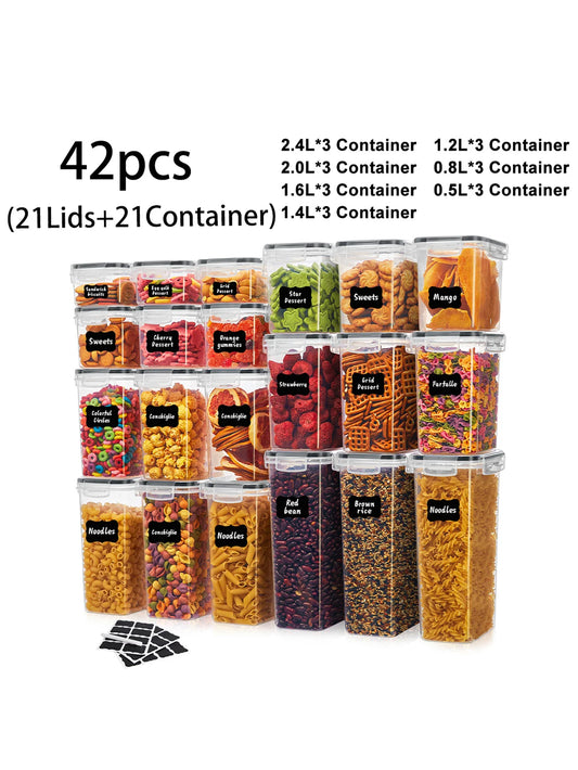 42pcs Sealed food storage containers with LIDS plastic kitchen pantry, dry cargo jars of lactose, grain, flour, sugar, labeled,
