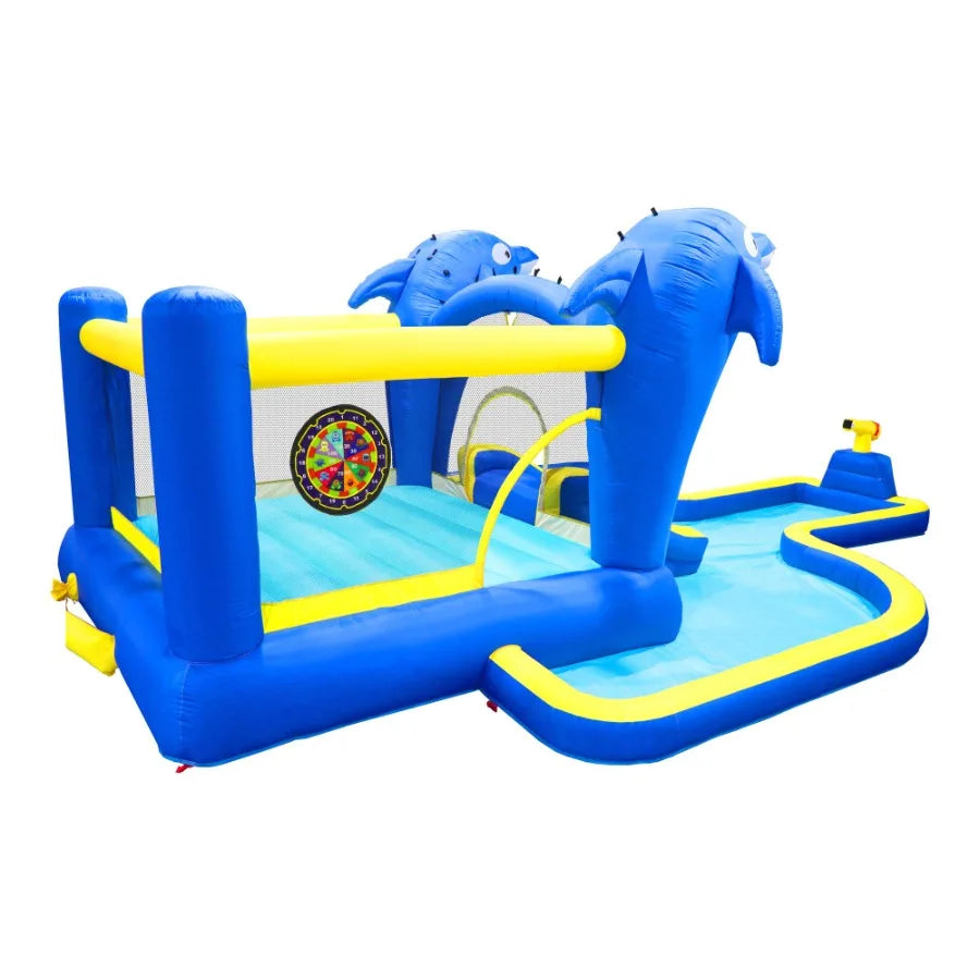 6 in1 Inflatable slide water park trampoline bouncing house outdoor garden with Dolphin sprinkler Target games Water gun Basket