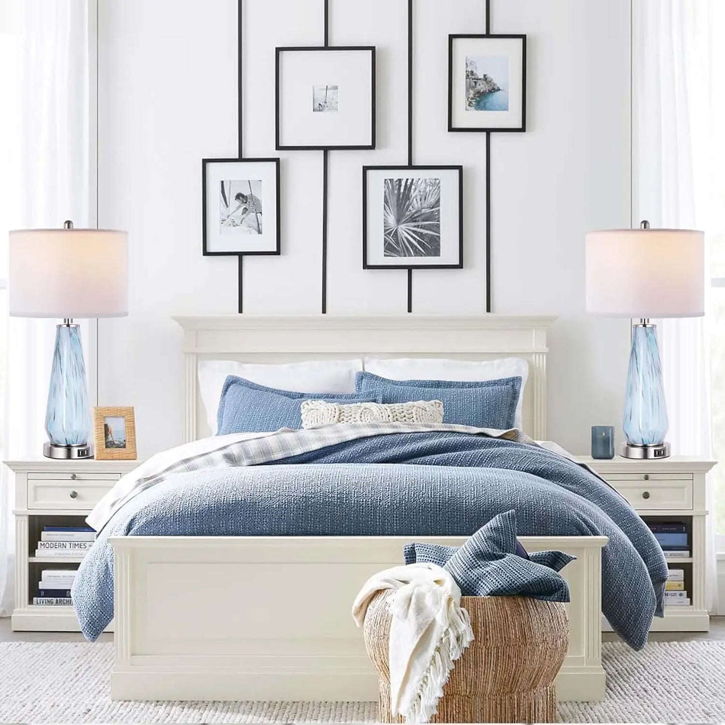 odern Table Lamp Set of 2 Touch Control, 27" Tall Faded Swirl Blue Gray Art Glass Bedside Lamp with USB Ports, 3-Way Dimmable