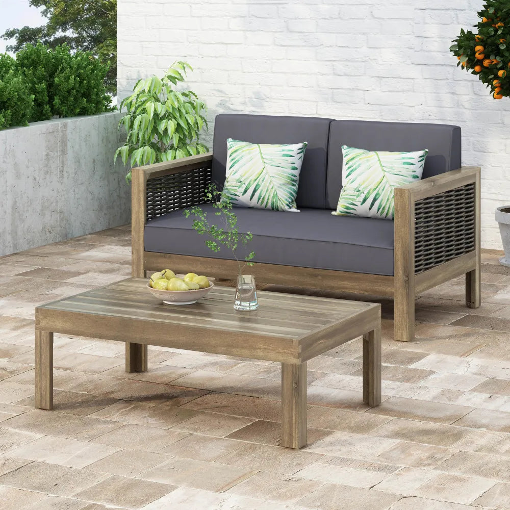 Outdoor Acacia Wood Club Chair with Wicker Accents, Teak Finish ,Mixed Brown,Beige,Patio Furniture Conversation Set for Backyard