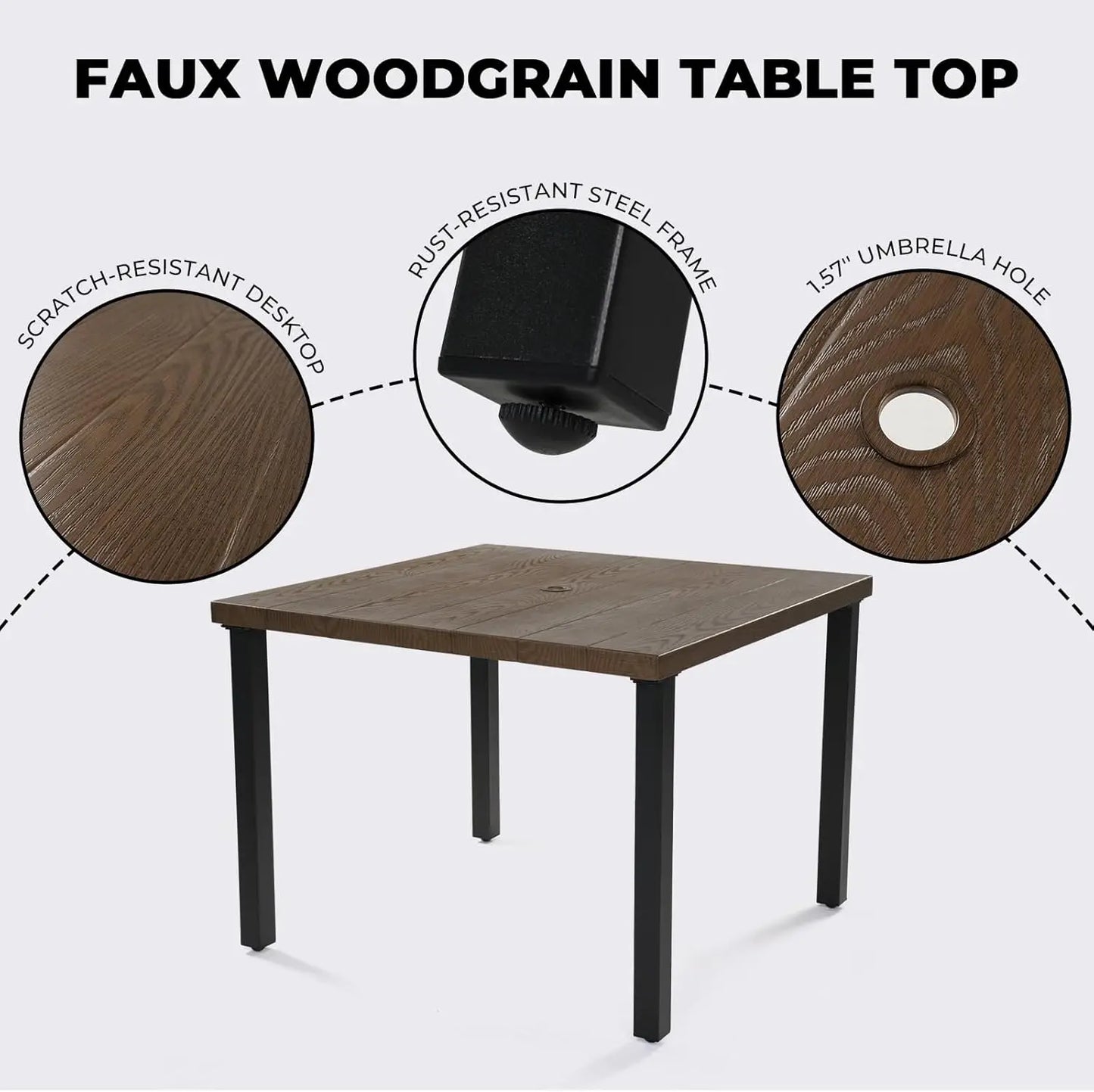 5-Piece Outdoor Dining Set, 4 Leather-Look Wicker Swivel Patio Chairs &  Square Woodgrain Dining Table，Outdoor Furniture Sets