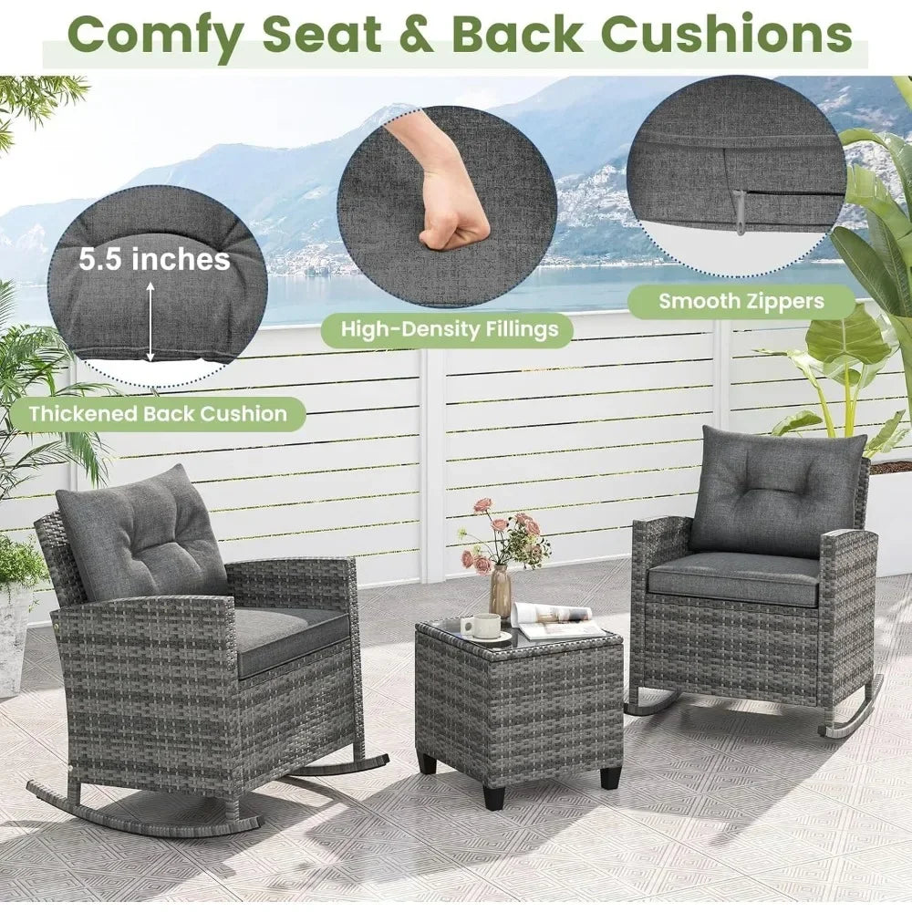 3 Piece Patio Furniture Rocking Bistro Set, Wicker Outdoor Rocking Chairs & Glass Table, PE Rattan Conversation Set