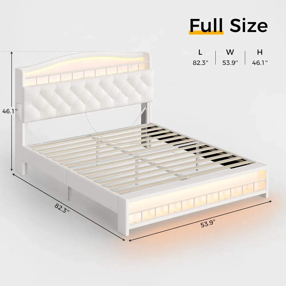 Full Size Upholstered Girl Bed with LED Lights & Charging Station, Princess Platform Bed with Hidden Storage Headboard, No Box S