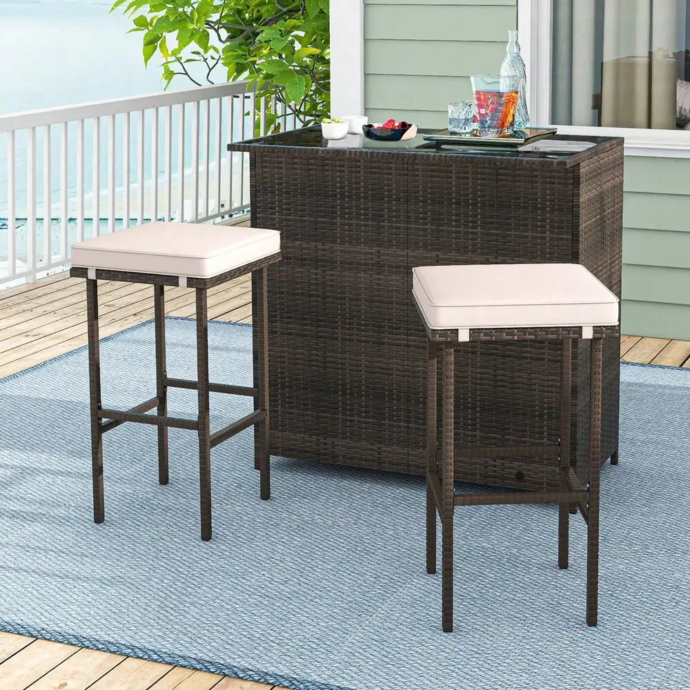 3 Pieces Patio Bar Set PE Wicker Outdoor Bar Table & Stools Set w/ Removable