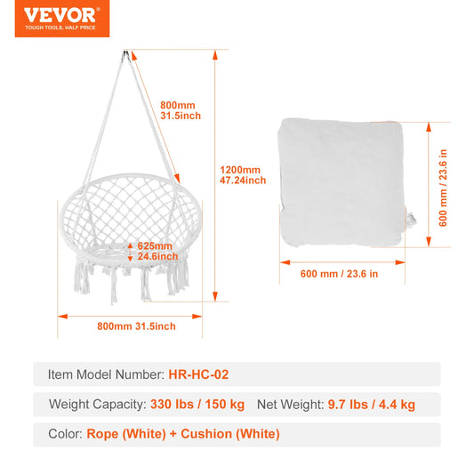 SucceBuy Hanging Hammock Swing Chair 330lbs Macramé Hanging Chair Cotton Rope Swing Chair for Bedroom Balcony Patio Garden White