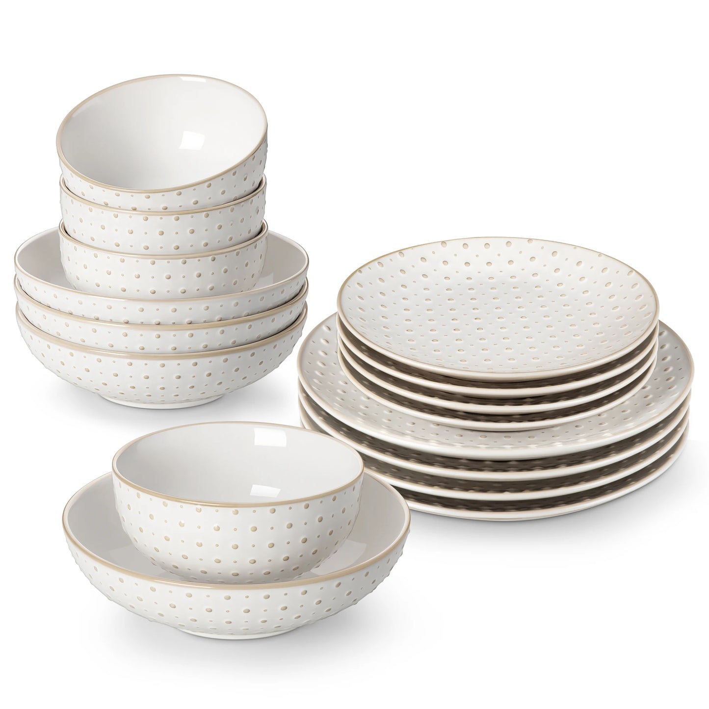 MALACASA LYDIA 16/32 Piece Stoneware Plates Dinner Set White Embossment Dinnerware Set with 6pcs Dinner plate/Dessert/Bowl/Soup