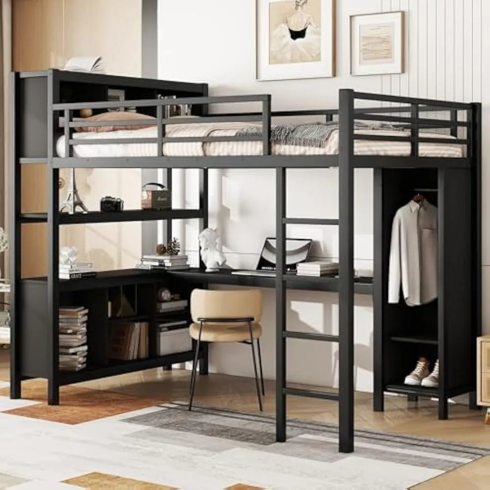 JYH Full Size Loft Bed for Teens and Adults, Metal Loft Bed with Wardrobe and L-Shaped Desk, Heavy Duty Full Bed with Storage Cu