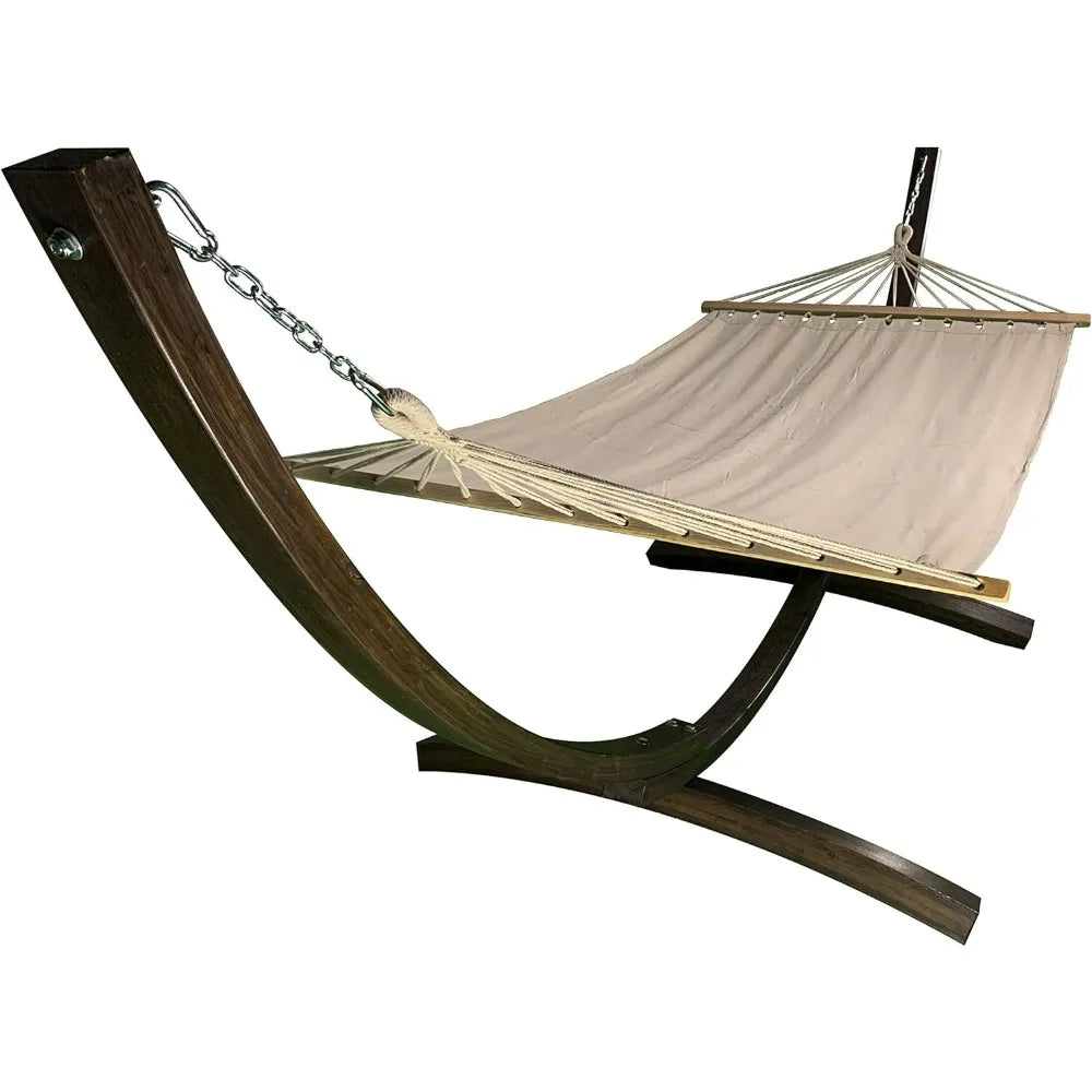 12 Ft. Water Treated Wooden Arc Hammock Stand + Premium Quilted Hammock Bed. 1 Person Bed. 300 LB Capacity(Teak Stain/Beige)