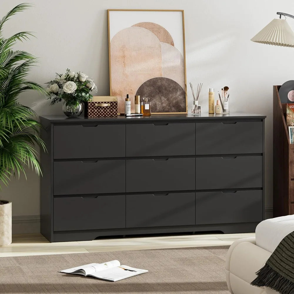 Tradre 59'' Black Dresser for Bedroom, 9 Drawer Wood Dresser with Handle Free, Large Modern Chest of Drawers for Home Office, Li