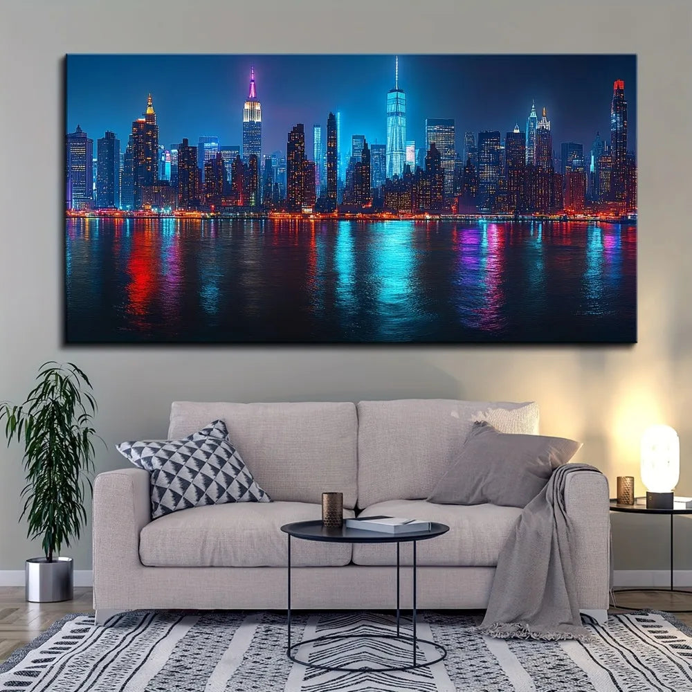 New York City Skyline Canvas Wall Art In Pine Frame