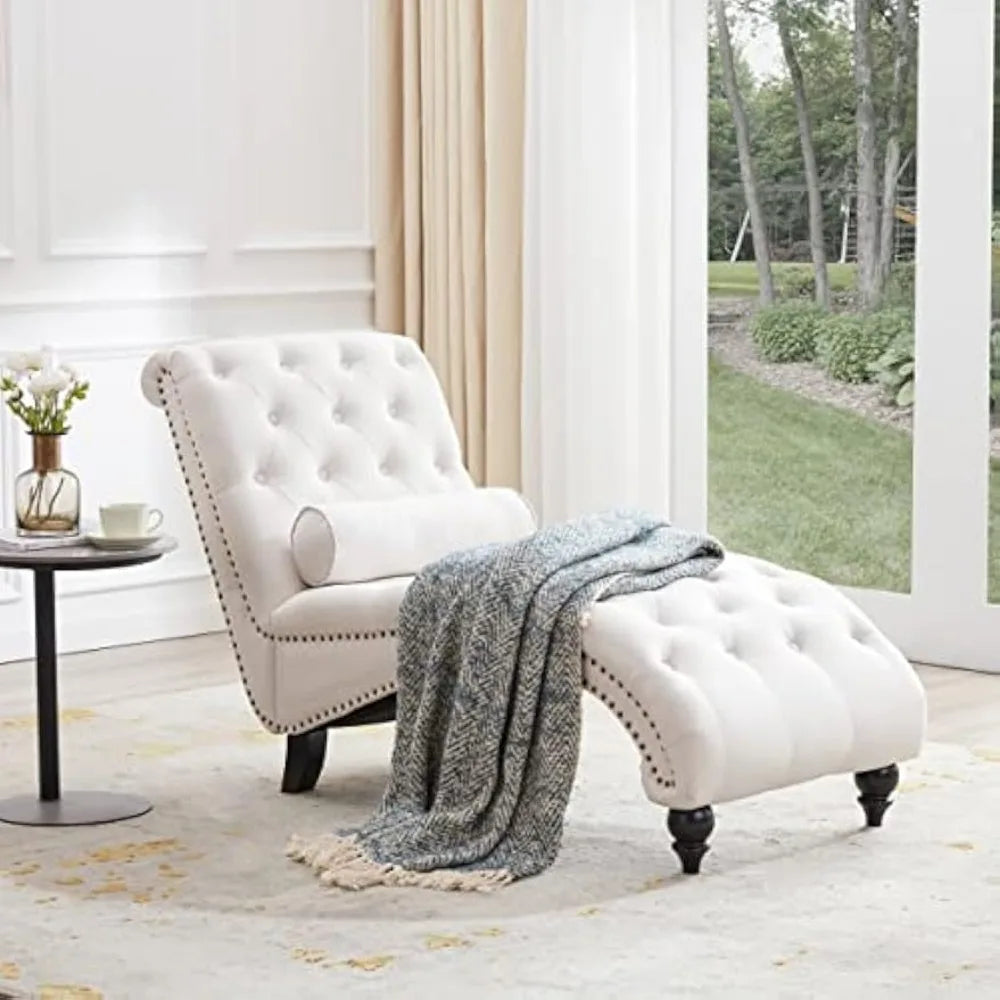 Button-Tufted Chaise Lounge with Support Pillow, Upholstered Chaise Lounge Chair,Armless Rolled Backrest Leisure Sofa Recliner