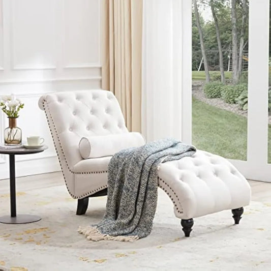 Button-Tufted Chaise Lounge with Support Pillow, Upholstered Chaise Lounge Chair,Armless Rolled Backrest Leisure Sofa Recliner