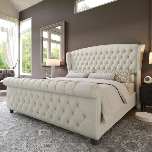 AMERLIFE Queen Size Platform Bed Frame, Chenille Upholstered Sleigh Bed with Scroll Wingback Headboard & Footboard/Button Tufted