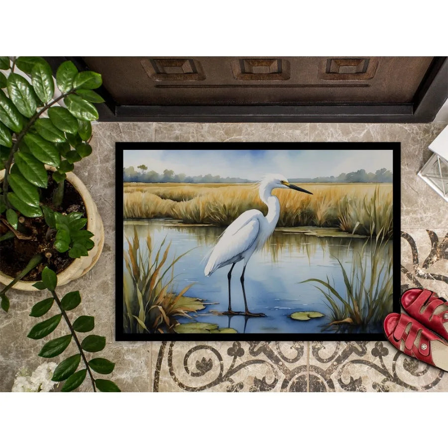 Snowy Egret in Coastal Marshes Doormat Front Door Mat Indoor Outdoor Rugs for Entryway Non Slip Washable Low Pile 24H X 36W