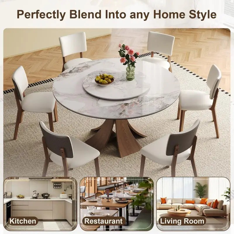 59" Modern Sintered Stone Dining Table Set with 35" Round Turntable, Seats 6-8, Unique Walnut Base, Includes 6 Stylish Chairs
