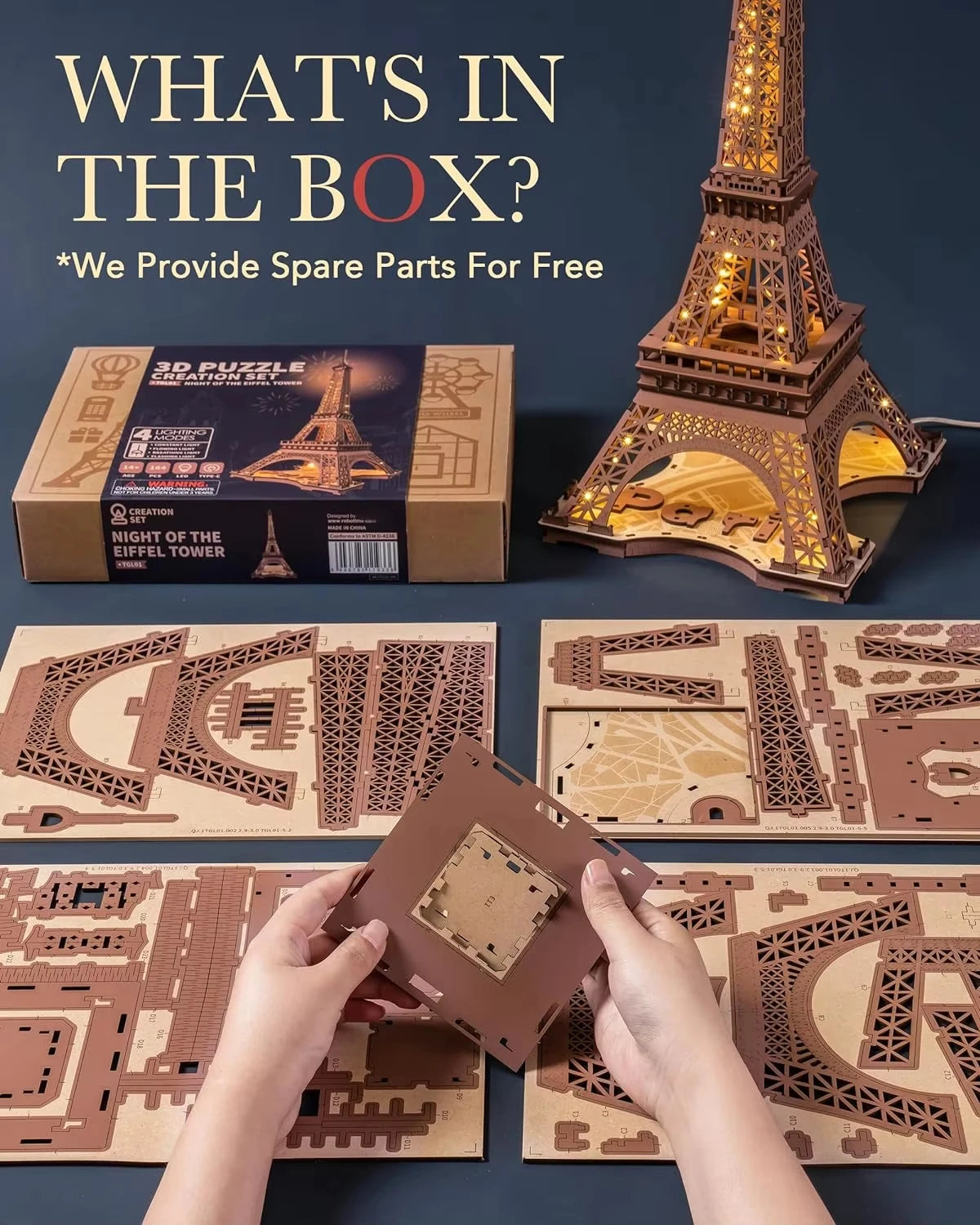 Eiffel Tower 3D Wooden Puzzle Night Light Kit For Kids