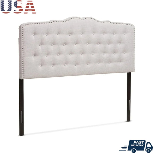 Modern Tufted Fabric Headboard Queen Size Curved Design Upholstered Greyish Beige with Nailhead Trim Adjustable Height Assembly