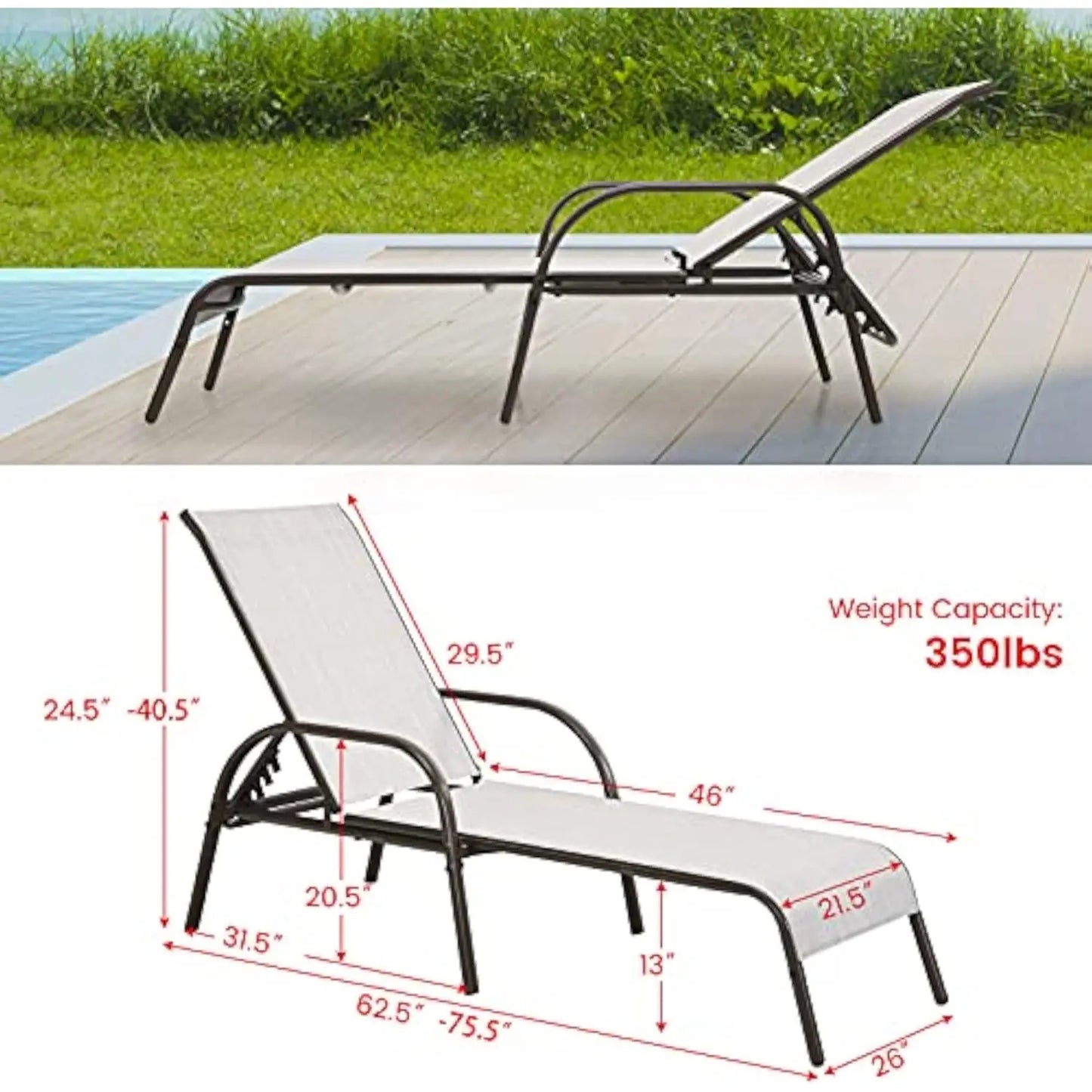 Set of 2 Patio Lounge Chair Outdoor Chaise Lounge with 5 Adjustable Backrest  Sturdy Steel Frame Sunbathing Recliner Beach Chair