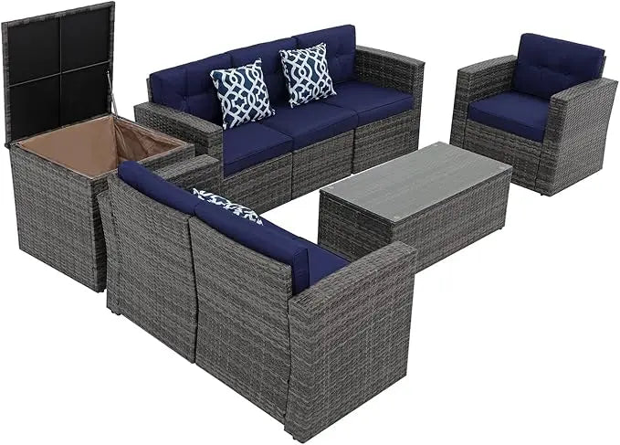 Super Patio 8 Pieces Outdoor Patio Furniture Set, Wicker Patio Conversation Sets with Storage Box, Rattan Outdoor Sectional Sofa