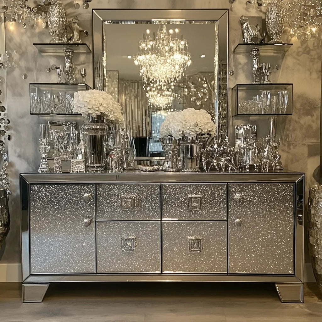 XMSJ Floating Crystal Mirrored Diamond TV Cabinet Stand