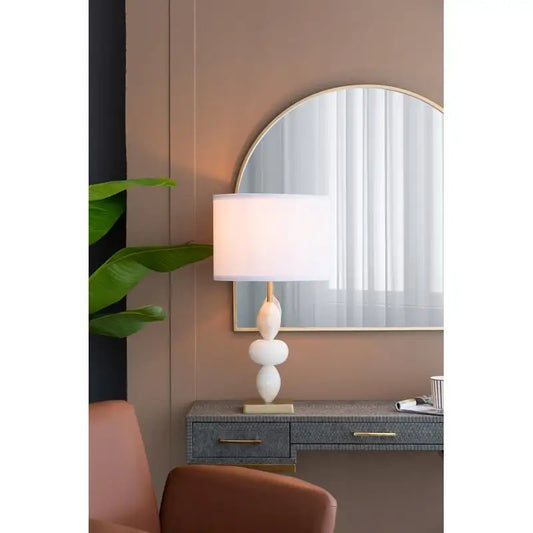 Three-Tier Round Table Lamp with Drum Shade - Assembly Required, White & Gold Finish