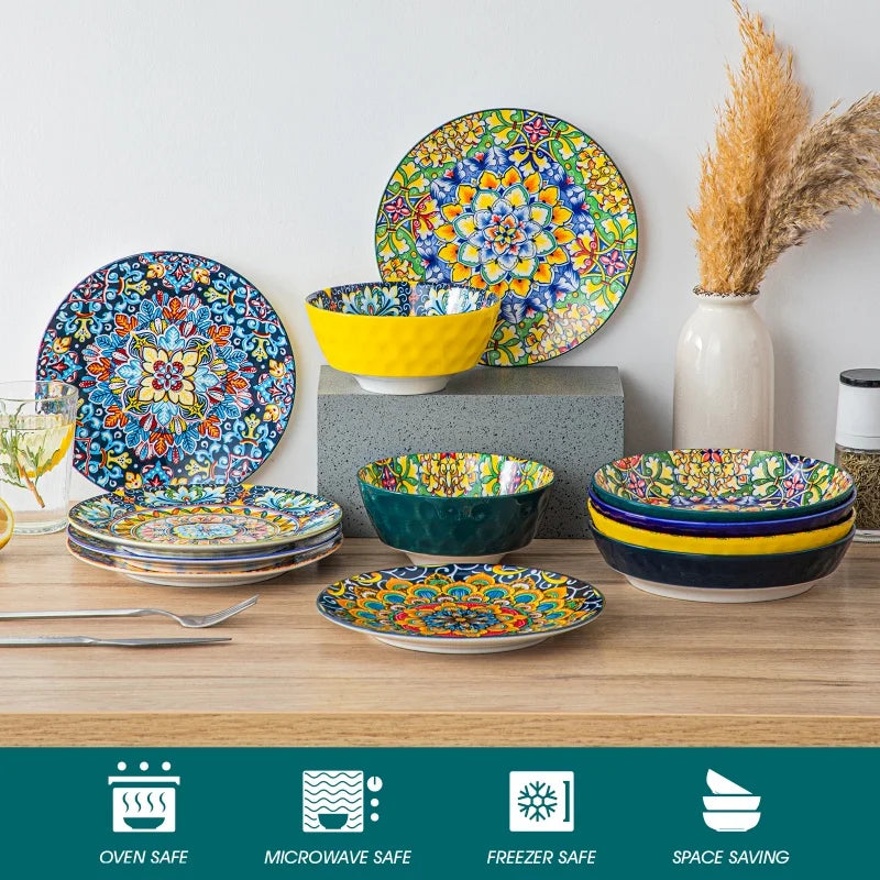 Malacasa Bohemia Retro Ceramic Dinnerware Set Floral