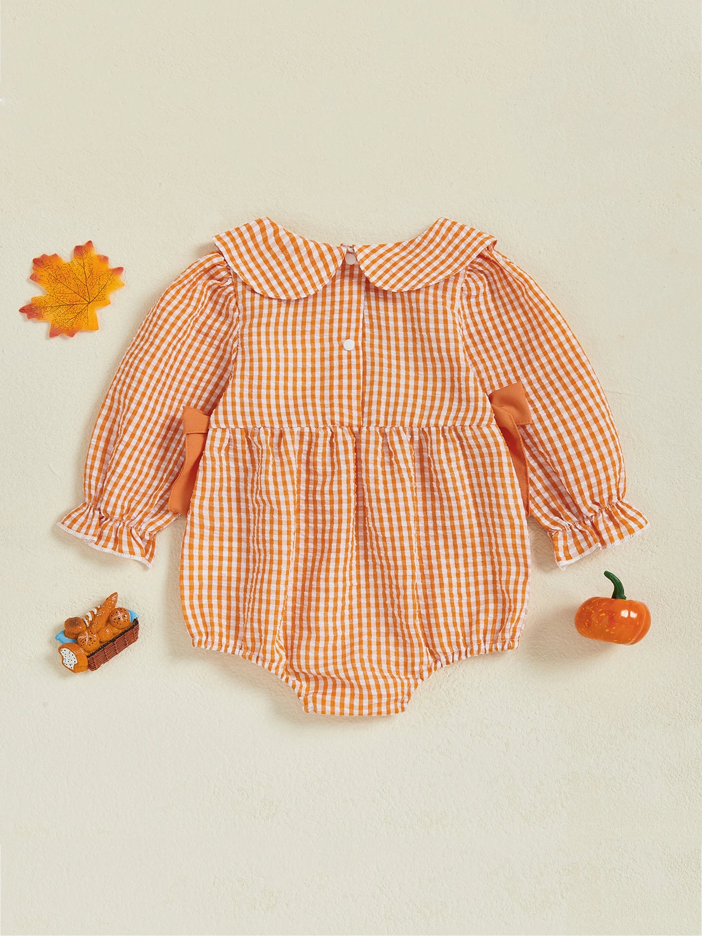 Toddler Halloween Plaid Romper with Witch Hat Embroidery and Ruffle Sleeves Adorable Baby Girl Pumpkin Jumpsuit with Bow Detail