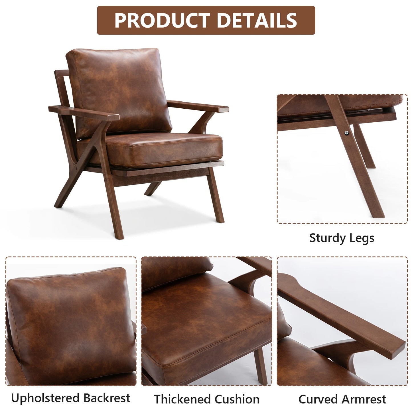 Accent Chair with Wood Frame, PU Leather Chair with Removable Upholstered Cushions for Living Room