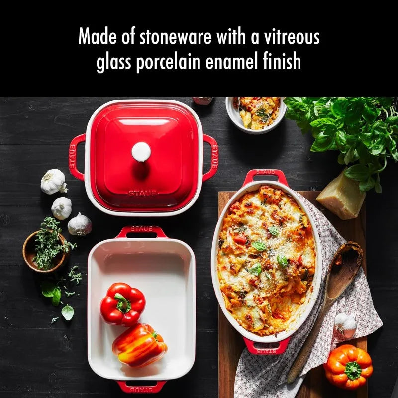 Staub Ceramics 4-pc Baking Pans Set, Casserole Dish with Lid, Brownie Pan, Cherry