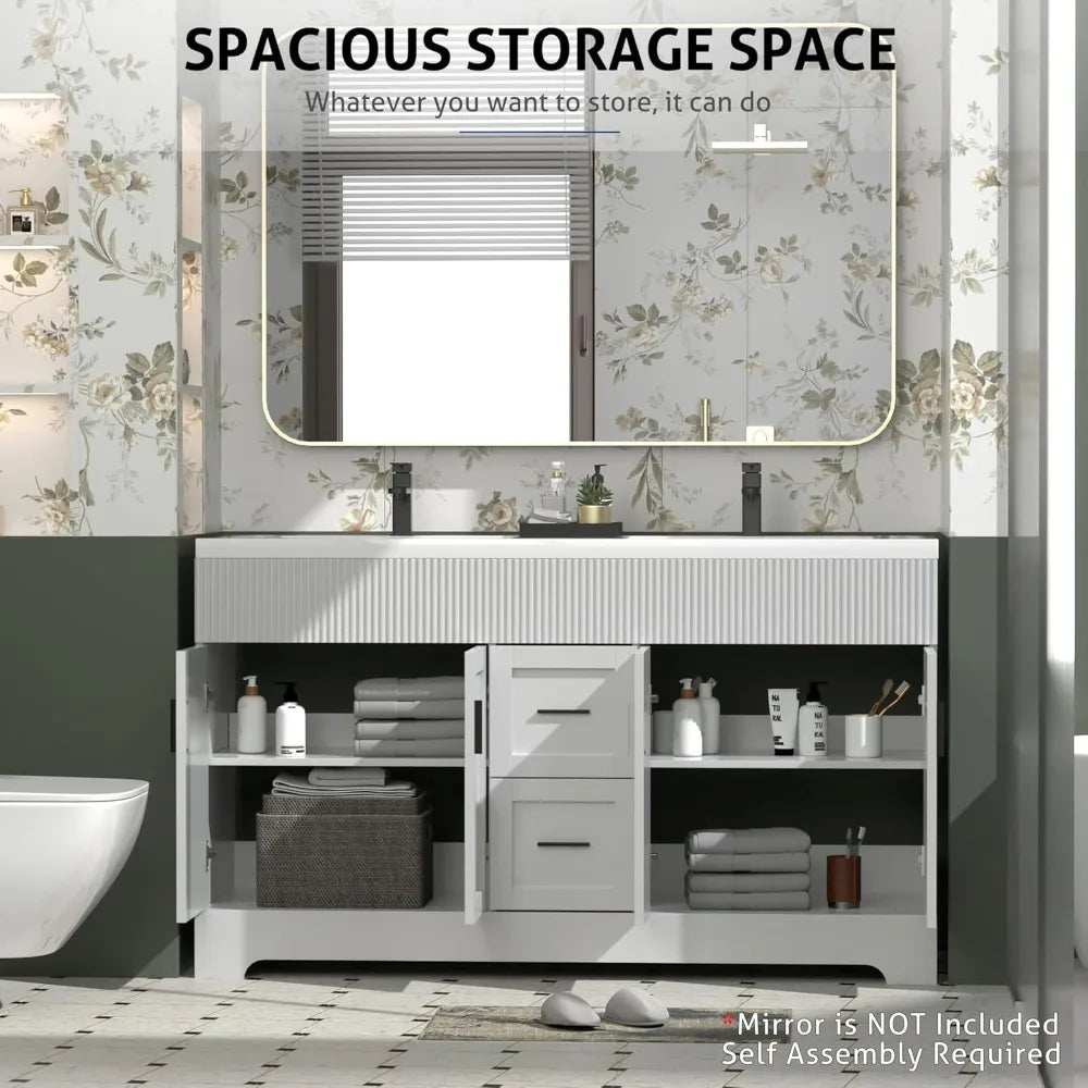 60" Bathroom Vanities Sink Combo with Painted Surface, Modern Drawered Cabinet W/Decorative Wave Lines, Undermount Double Sink