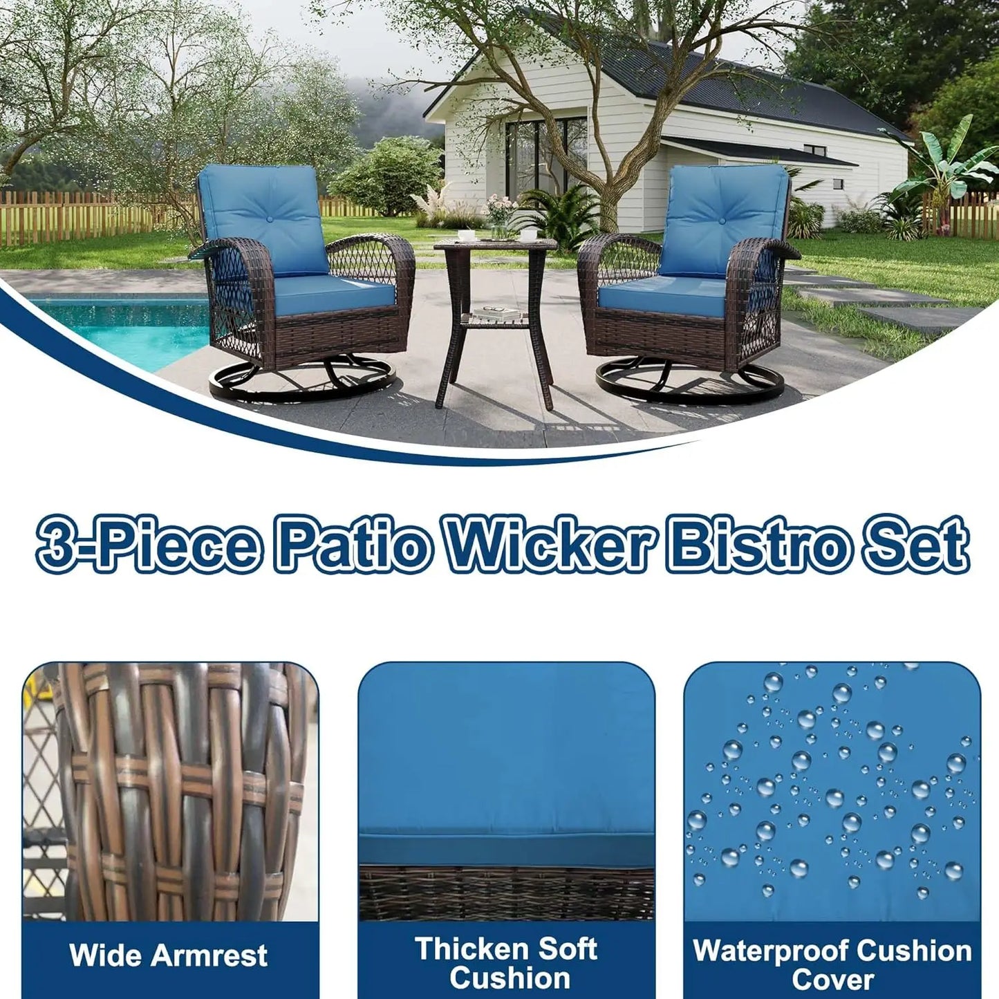 Swivel Rocker Patio Chairs Set of 2 with Side Table, 3 Pieces Patio Wicker Glider Chairs with Thickened Cushions, Outdoor Wicker