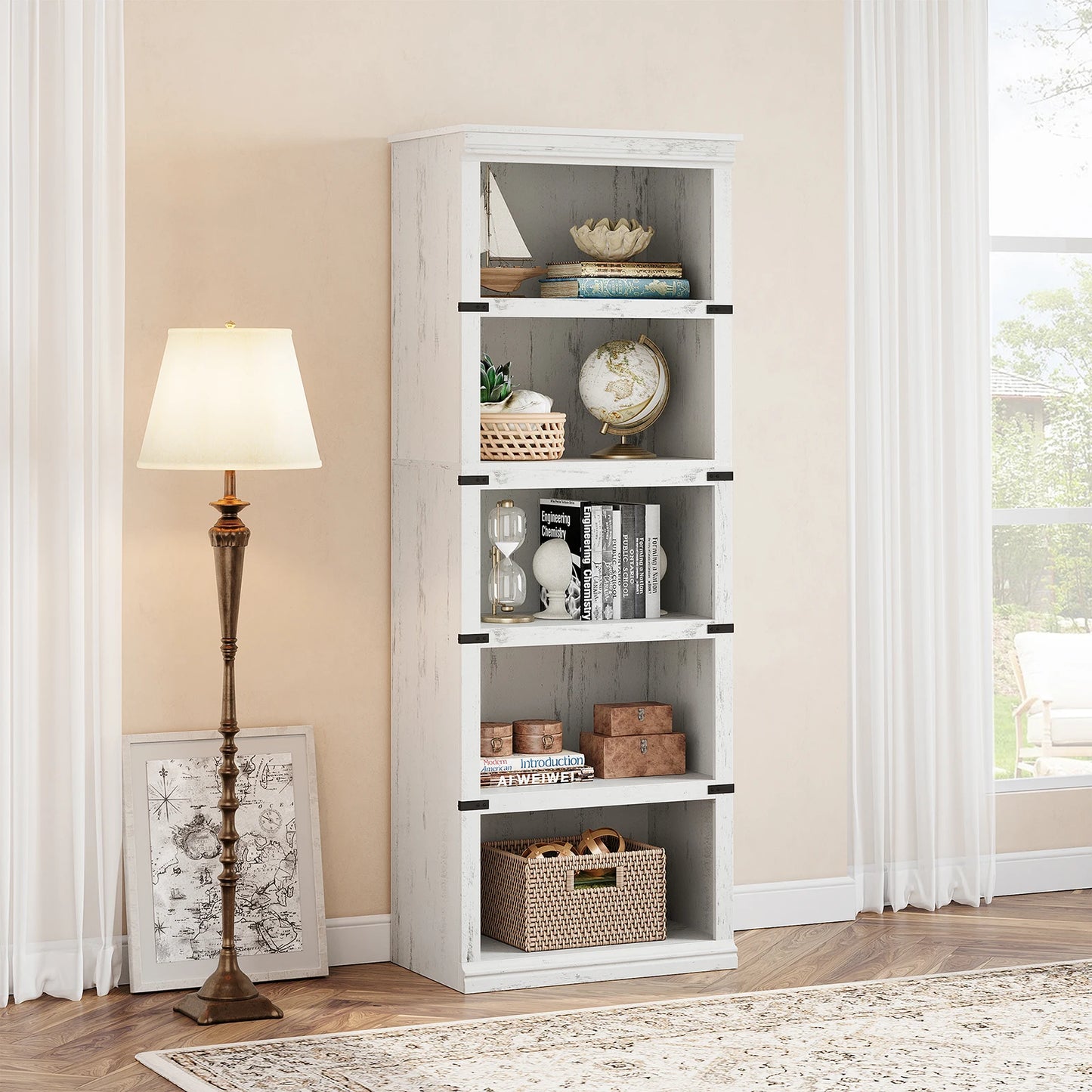 5 Tier Bookcase, Farmhouse Book 3-5 Shelf with Storage Open Display Bookshelves, Home Decor Furniture for Home Office, Bed Room