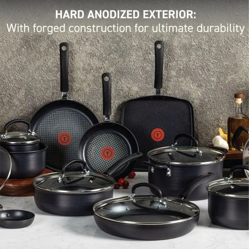 T-fal Ultimate Hard Anodized Nonstick Cookware Set 17 Piece,Oven Broiler Safe 400F,Lid Safe 350F,Kitchen Cooking Set w/ Fry Pans