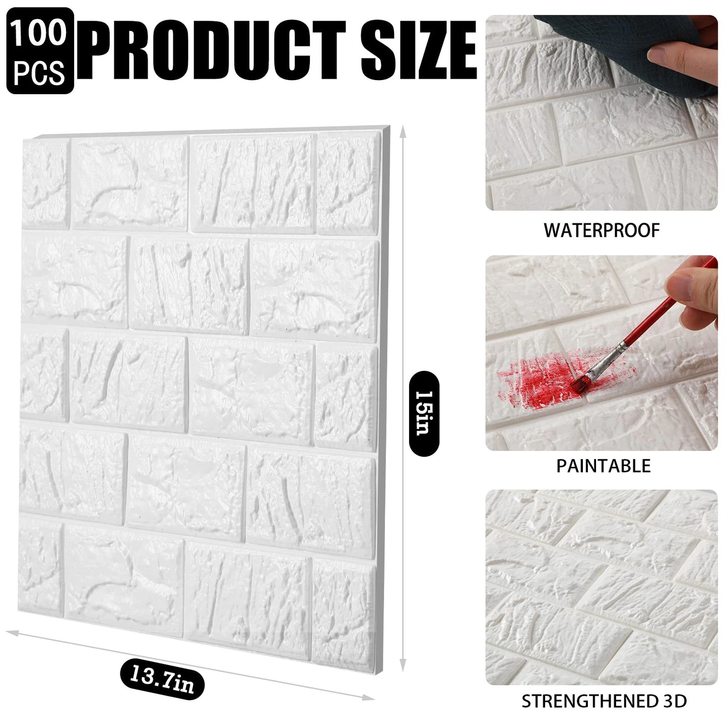 100PCS 3D Wall Panels Peel and Stick, Printable Faux Brick Wallpaper Sticker with Self-Adhesive Waterproof Foam for Interior Wal