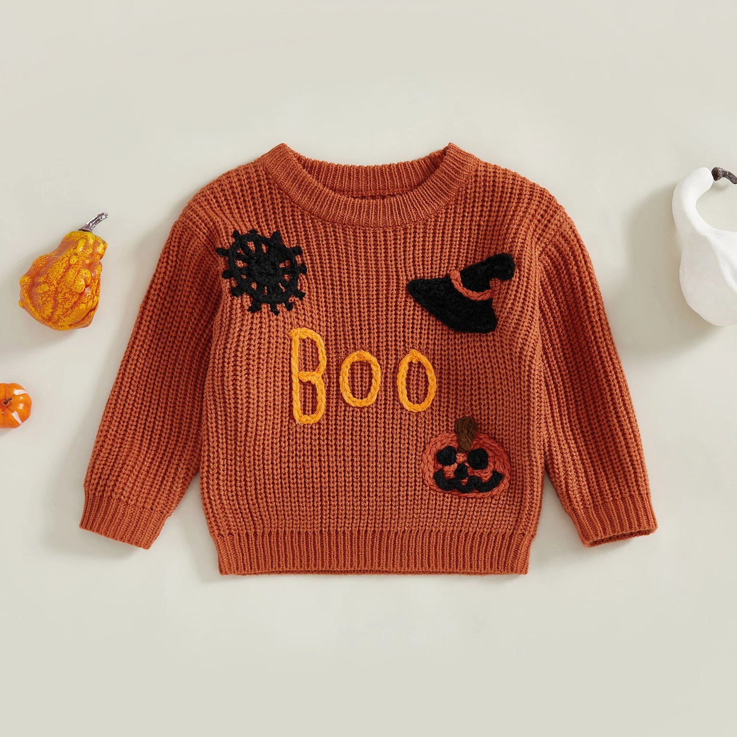 Women s Halloween Knit Sweater with Long Sleeves Round Neck Letter Pumpkin Spiderweb and Witch Hat Embroidery - Festive