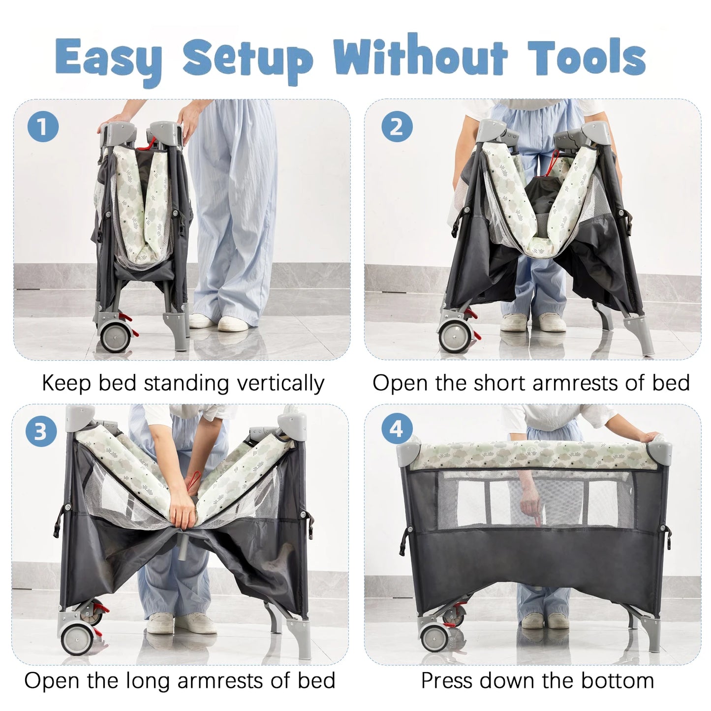 4 in 1 Portable Baby Playard with Changing Table Lockable Wheels Music Box Foldable Baby Crib Suit Infant to Toddler