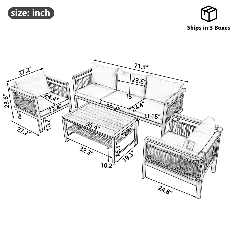 4 Pieces Outdoor Sectional Sofa Set 5-person Patio Seating Group  Outdoor Cnversation Set with Cushions and a Coffee Table