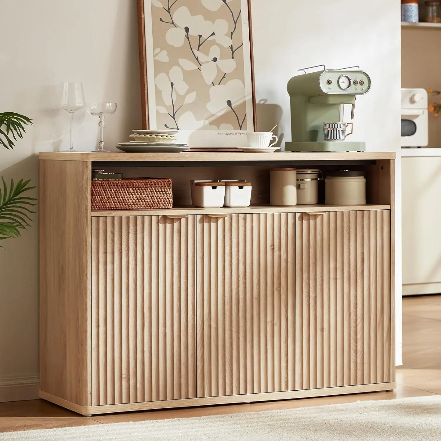 55" Wide Luted Buffet Cabinet with 4 Doors & Open Shelf | Modern Wood Sideboard for Dining/Kitchen Entryway