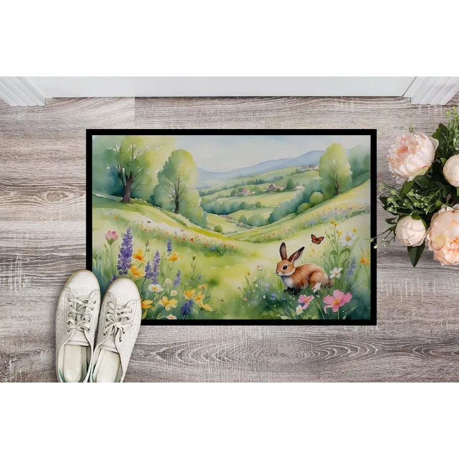 Rabbit Springtime Meadow Doormat Front Door Mat Indoor Outdoor Rugs for Entryway Non Slip Washable Low Pile 24H X 36W