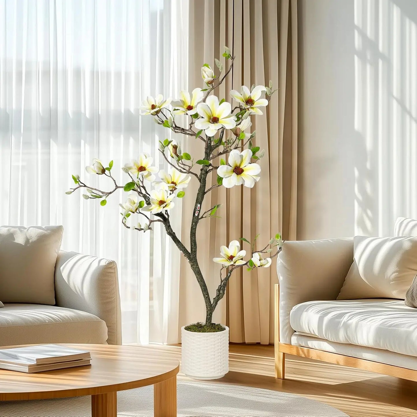 Artificial Magnolia Tree, Lifelike Flowers & Vibrant Leaves in White Pot - Perfect for Home, Office, Patio or Yard Decor